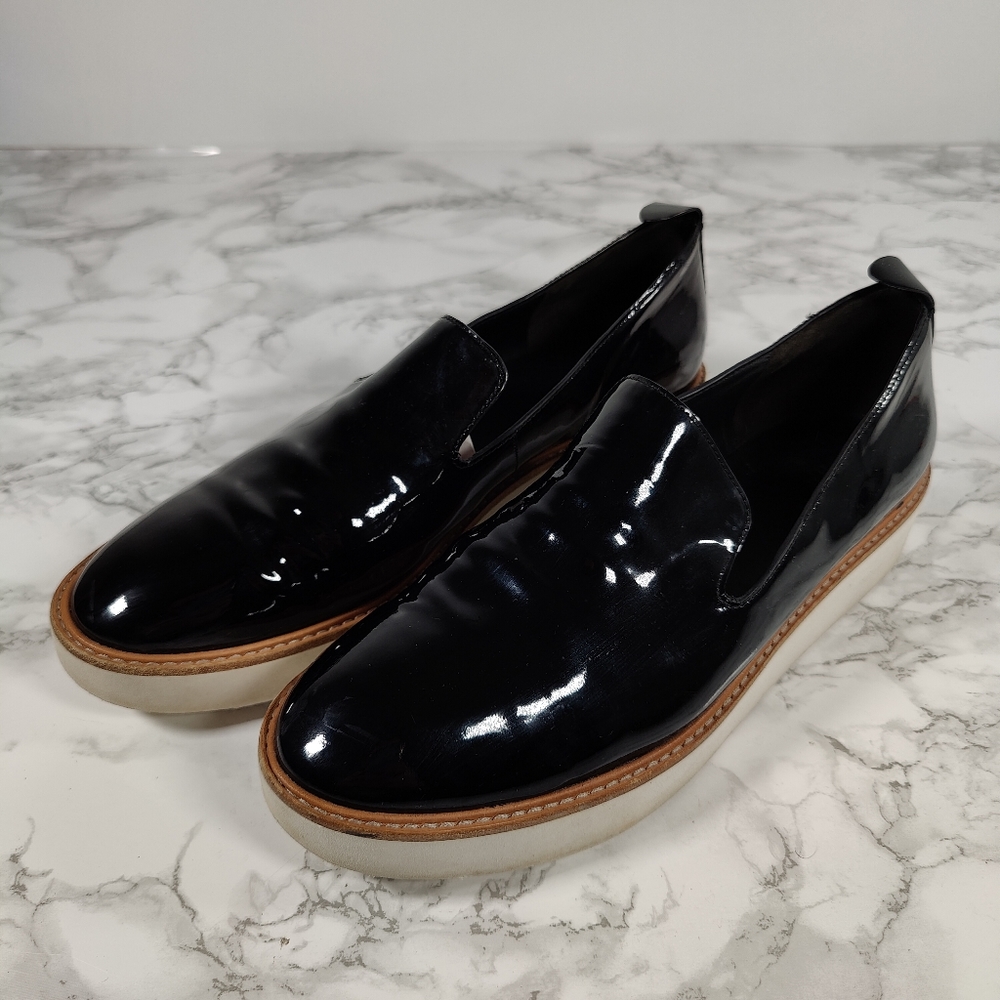 Vince Black Patent Slip-On Loafers with Contrasting Sole